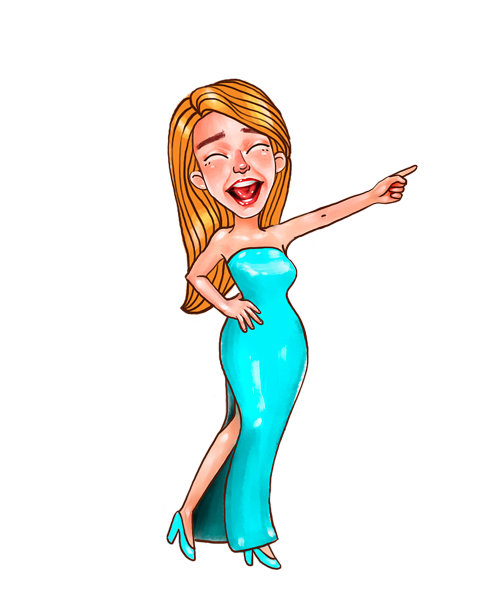 笑着的女人指着什么。穿蓝裙子的女孩。少女笑着用手指指着什么东西。图片下载