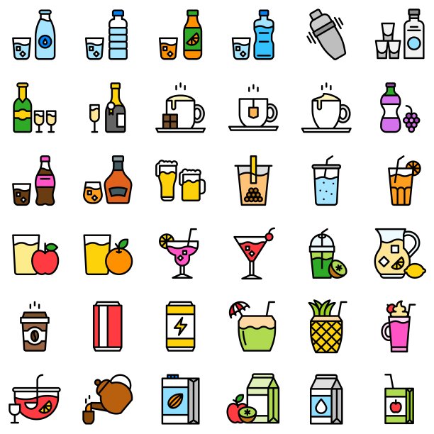 饮料矢量插图设置，填充图标可编辑的笔触素材图片