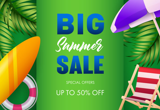 大型夏季促销海报设计。救生圈,冲浪板图片下载