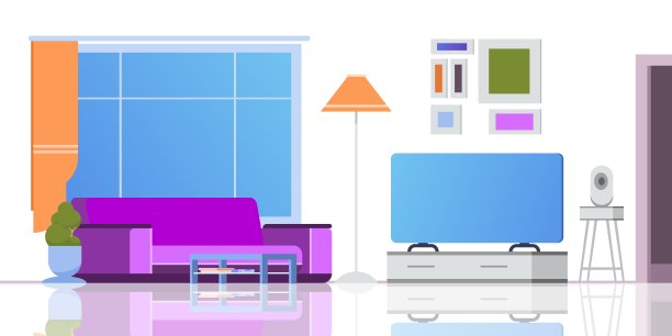 客厅卡通室内。公寓阁楼复古休息室现代窗户舒适的沙发豪华和凌乱的看法，无人空房间素材图片