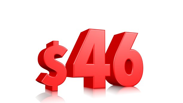46美元价格的象征。红色文本3d渲染与美元符号在白色背景图片下载