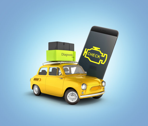 汽车诊断概念接近OBD2无线扫描仪与智能手机和复古汽车在蓝色梯度背景3d插图图片下载