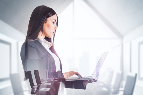 迷人的女商人使用笔记本电脑图片下载