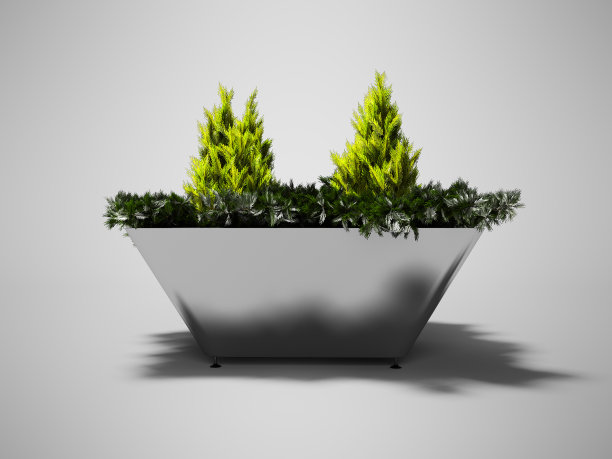 绿色灌木在金属罐与腿的城市景观3d渲染在灰色背景与阴影图片下载