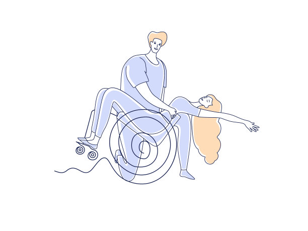 轮椅舞蹈俱乐部。残疾人运动休闲。男人和女人夫妇与残疾跳舞简单的线矢量插图图片下载