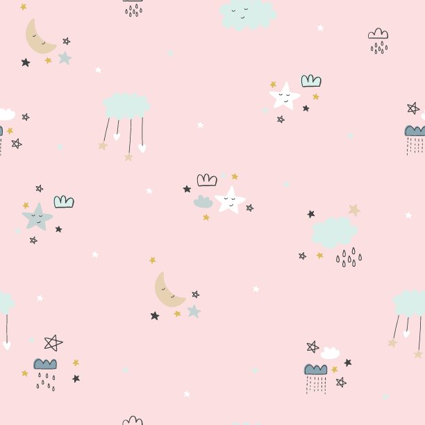 可爱无缝图案的孩子，婴儿服装，织物，纺织品，壁纸，床上用品，襁褓星星，云彩，心，月亮图片下载