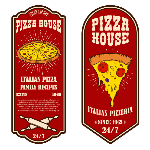 一套披萨店的传单。设计元素的标签，标志，徽章，海报。图片下载