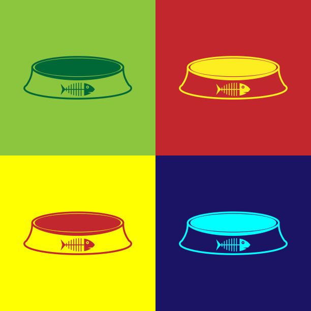 颜色宠物食品碗猫或狗图标孤立的颜色背景。鱼骨架的迹象。矢量图图片下载