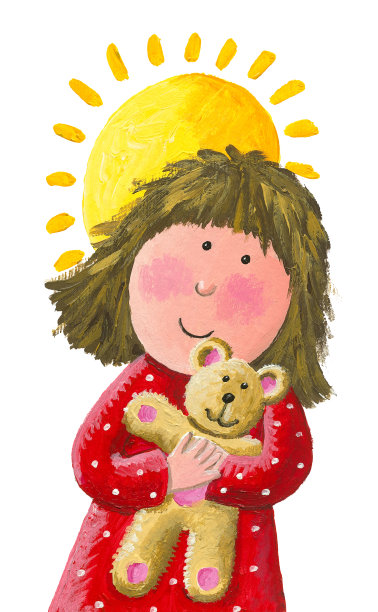 丙烯酸的插图，美丽可爱的小女孩拥抱一个泰迪熊玩具在一个阳光明媚的日子图片下载