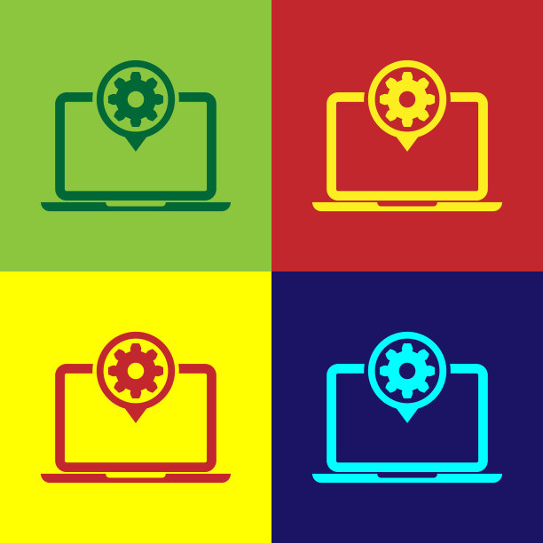 彩色笔记本电脑和齿轮图标孤立的颜色背景。笔记本电脑服务理念。调整app，设置选项，维护，修复，修复。矢量图图片下载