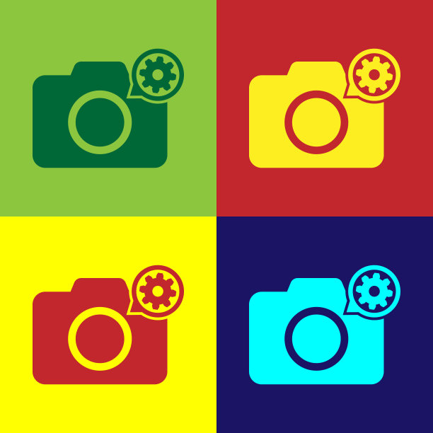 彩色照片相机和齿轮图标隔离在彩色背景。调整app，服务理念，设置选项，维护，维修，固定。矢量图图片下载