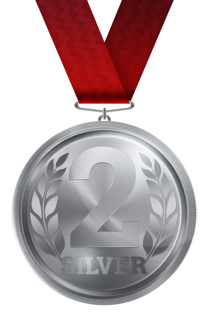 银牌，第二名。赢家，冠军，第二名。2 nd的地方。钳工的奖励。红丝带。孤立在白色背景上。现实的例子。体育主题。图片下载