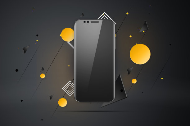 真实的插图与智能手机的图片在一个黑暗的背景。设计、智能手机,眩光。一个布局，设计，手机的概念。趋势是2018年，样板，拷贝空间。图片下载