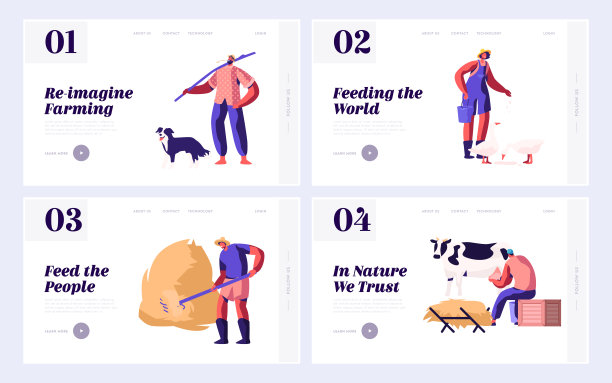 一套网站登陆页，农民日常网页模板。牧羊人和狗，农夫耙干草，妇女喂鸟和挤奶。卡通平面矢量插图，旗帜图片下载