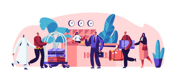 酒店接待处的年轻商人。职员站在桌子后面，并将钥匙递给男士。大堂内饰有会议阿拉伯和欧洲客人。卡通平面矢量插图图片下载