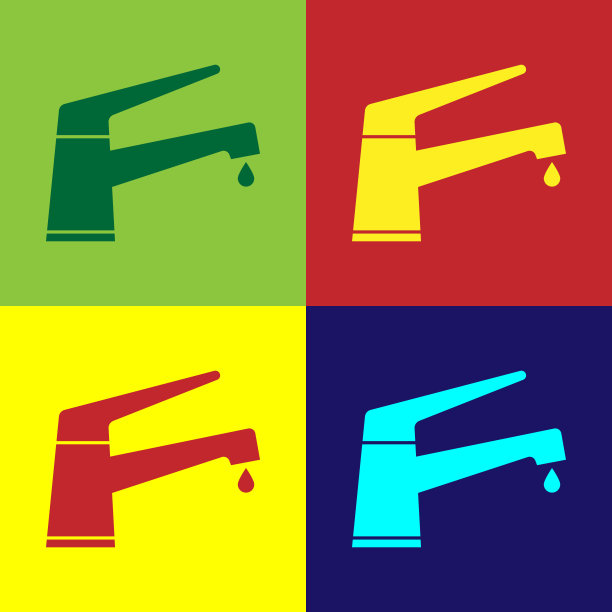 彩色水龙头与下落的水滴图标孤立的颜色背景。平面设计。矢量图图片下载