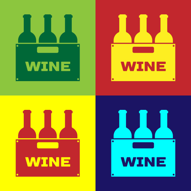 颜色酒瓶在一个木盒子图标孤立的颜色背景。酒瓶在木条箱图标。平面设计。矢量图图片下载