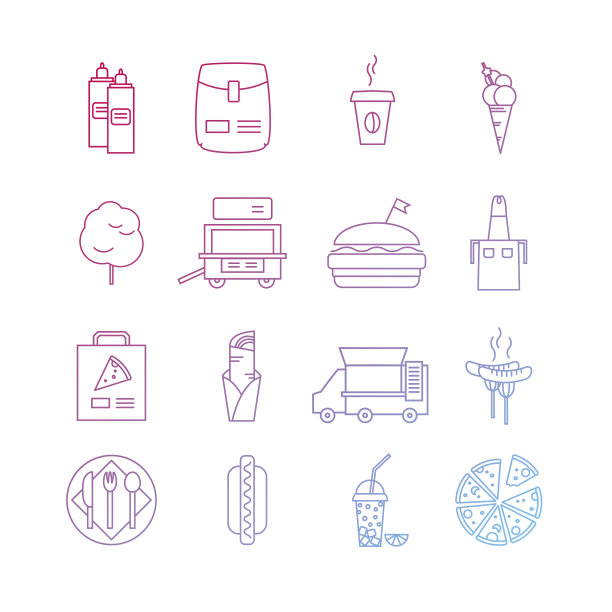 一组简单的快餐图标。轮廓描边矢量插图。图片下载
