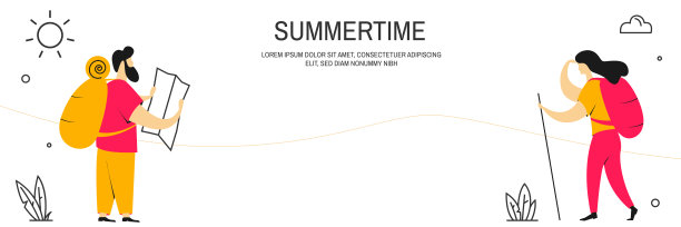 背着背包的男女游客。向量。现代人性格矢量插画平面设计。在Web项目和应用程序中使用。徒步旅行水平横幅图片下载