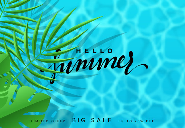 夏天的背景，蓝色的海与棕榈叶和手写体书法字母，你好夏天。图片下载