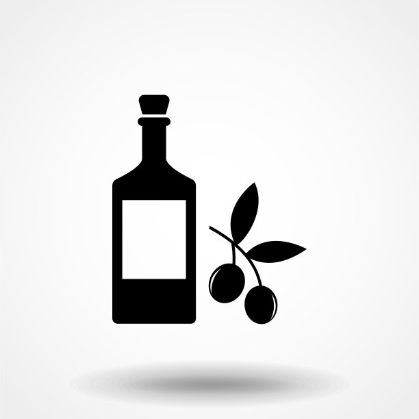 黑橄榄枝与橄榄油瓶标志。白色背景上的平面样式图标图片下载