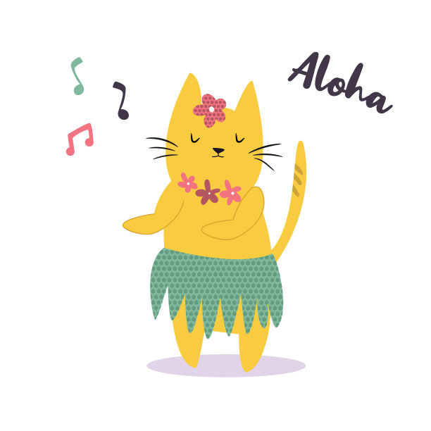 有趣的黄色夏威夷猫随着音乐跳舞。矢量插图。角色设计。宠物收集图片下载