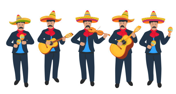墨西哥流浪乐队。墨西哥街头音乐家穿着民族服装，拿着吉他、中提琴和沙槌。五月五日，五月五日。图片下载