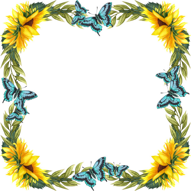水彩花圈与向日葵和蝴蝶，树叶，树叶和地方为您的文字。图片下载