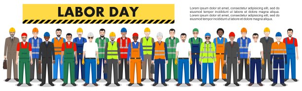劳动节。一群工人、建筑工人和工程师站在白色的平面背景上。具有团队合作意识。不同的国籍和制服。扁平化设计人物性格。图片下载