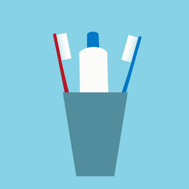 平面设计的插图两个牙刷和管牙膏在一个杯子。牙科护理孤立蓝绿色背景向量图片下载
