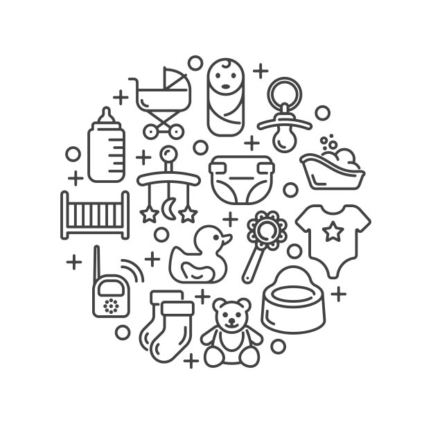 白色背景上婴儿护理元素隔离的线条设计。矢量插图。图片下载