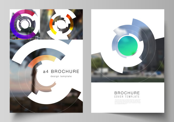 矢量布局A4格式现代封面模型设计模板的小册子，杂志，传单，报告。未来主义设计的圆形图案，圆形元素形成几何框架的照片。图片下载