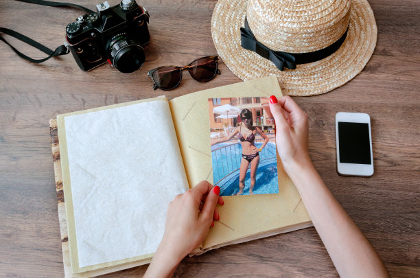 女孩的手和相册，相机，手机，图片下载