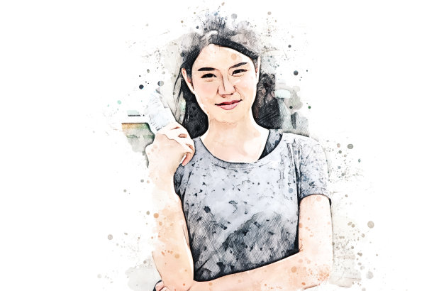 抽象色彩形状的女人微笑肖像在水彩插画画的背景上。图片下载