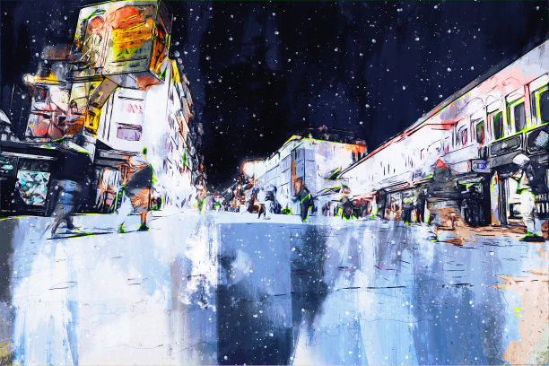 数字画的建筑在黑暗的色调，城市在夜晚的时间与行走的人图片下载