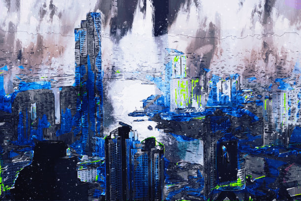 蓝色调的现代建筑数字绘画，以摩天大楼为背景图片下载