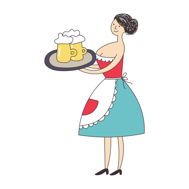 穿着制服的女侍者端着一个大托盘，上面放着几杯啤酒。矢量图图片下载