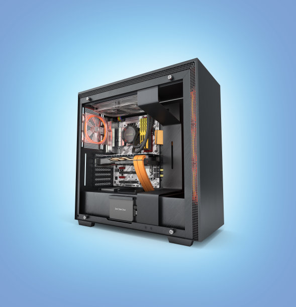 打开电脑与红色灯光效果和水冷冷却冷却系统在蓝色渐变背景3d渲染图片下载