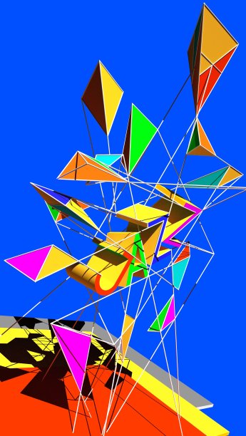 抽象的建筑组成。解构主义。现代抽象雕塑。3D彩色几何形状，三角形。图片下载