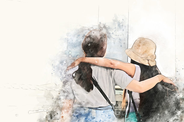 美丽的两个女人在首都聊天和旅游，以水彩插画为背景。图片下载