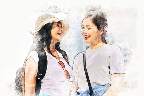 美丽的两个女人在首都聊天和旅游，以水彩插画为背景。图片下载