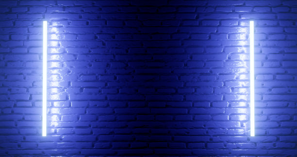 3 d渲染。被霓虹蓝光照亮的砖墙。抽象的背景。凸出表面的光效应。图片下载