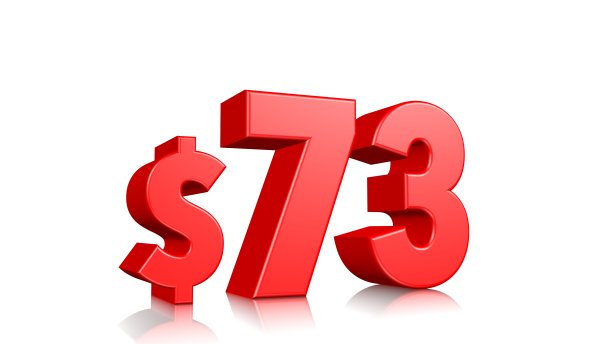 价格代号为73美元。红色文本3d渲染与美元符号在白色背景图片下载