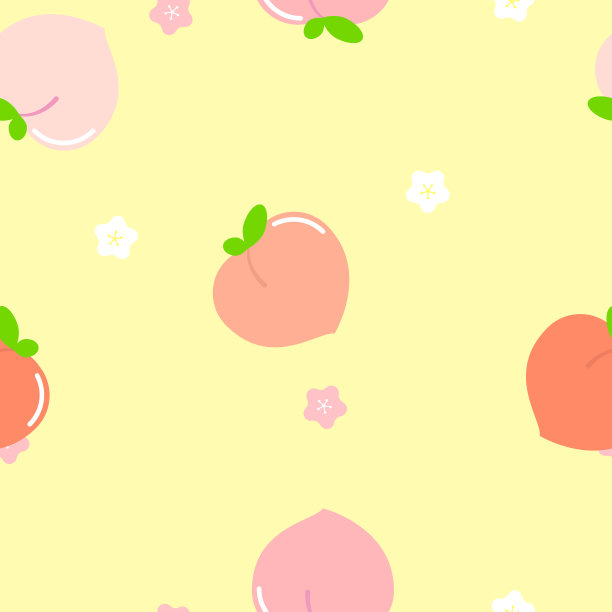 无缝可爱的粉红色，橙色和白色桃李花和水果重复图案在黄色的背景图片下载