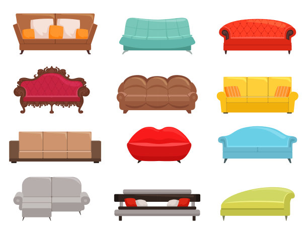 床上集合。舒适的沙发套，室内沙发家具，现代沙发矢量彩色插图图片下载