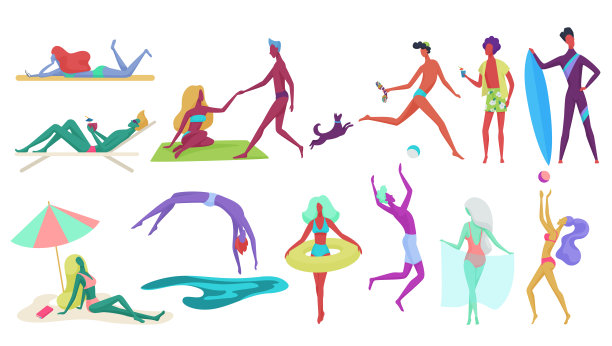 迷你人和情侣在海滩度假。夏季旅游假期和海滩放松和活跃的体育活动孤立矢量插图。图片下载