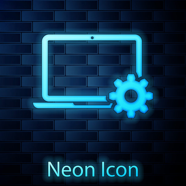 发光的霓虹灯笔记本电脑和齿轮图标上的砖墙背景。笔记本电脑服务理念。调整应用程序，设置选项，维护，修复，固定笔记本概念。矢量图图片下载