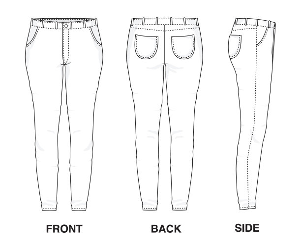 孤立的长裤长裤紧身牛仔裤对象的衣服和时尚时尚的穿填补空白的衬衫。常规腿休闲口袋牛仔运动插图矢量模板。正面，背面和侧视图图片下载
