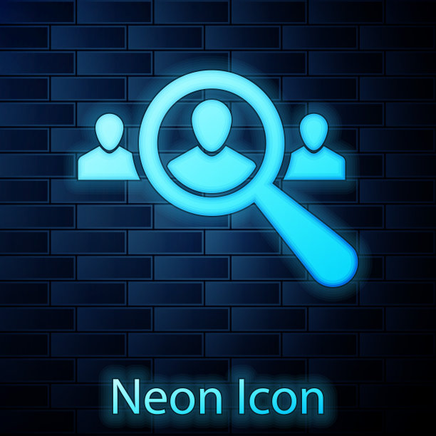 发光的霓虹灯放大镜在砖墙背景上搜索一个人的图标。招聘或选拔概念。搜索员工和工作，人力资源。矢量图图片下载