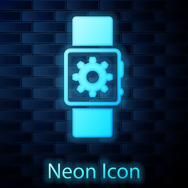 发光的霓虹灯智能手表设置图标隔离在砖墙背景。智能表设置。矢量图图片下载